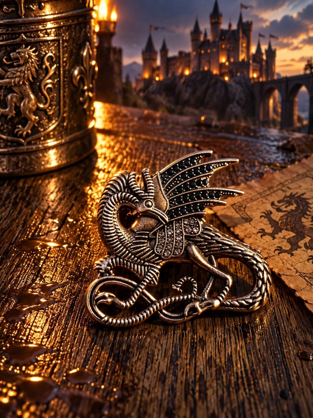 Antique Inspired Bronze Dragon Brooch Pin